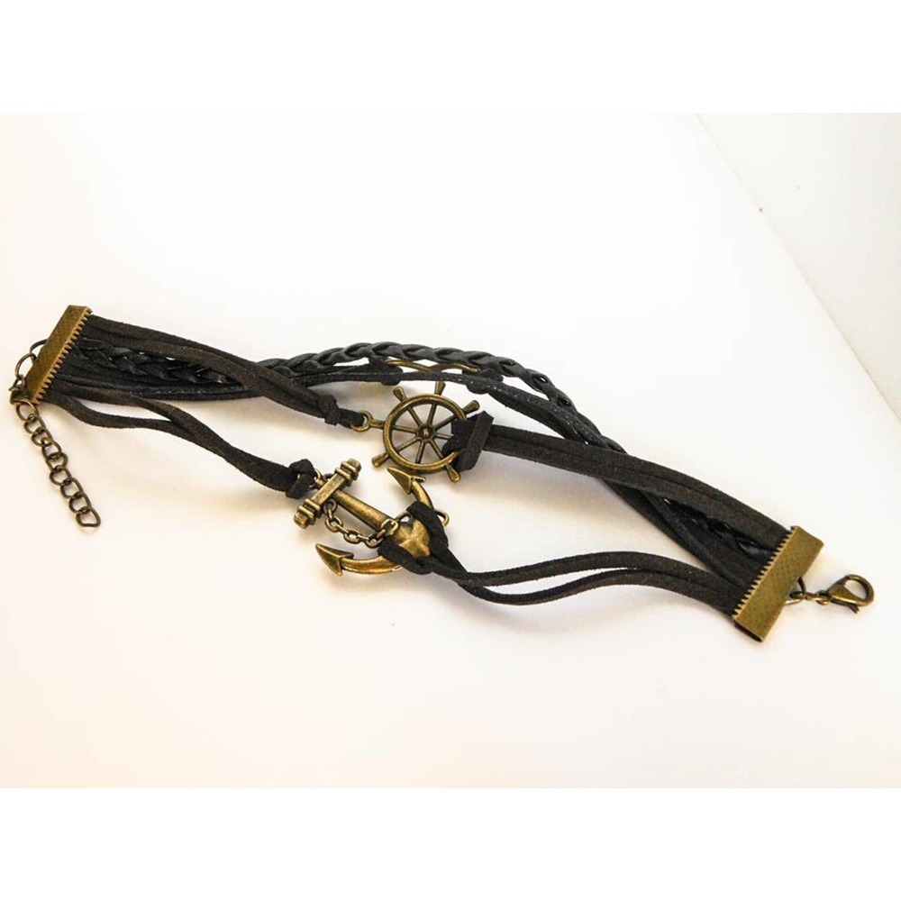 Black Corded Multi Strand Nautical Charm Bracelet 7-9 Inch  Anchor & Ship Wheel